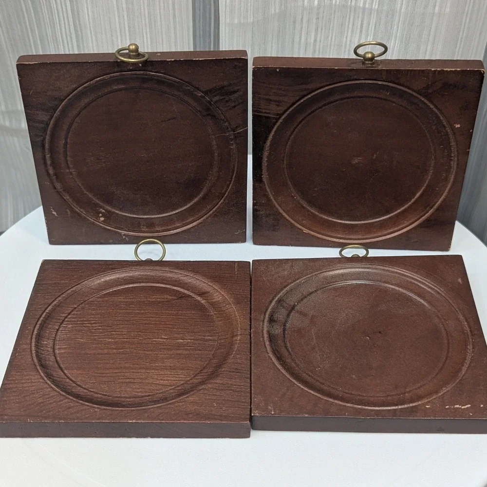 Vintage Ardco Wood Plate Frames Set of 4 Square Wall Hanging Plaque Brown Decor